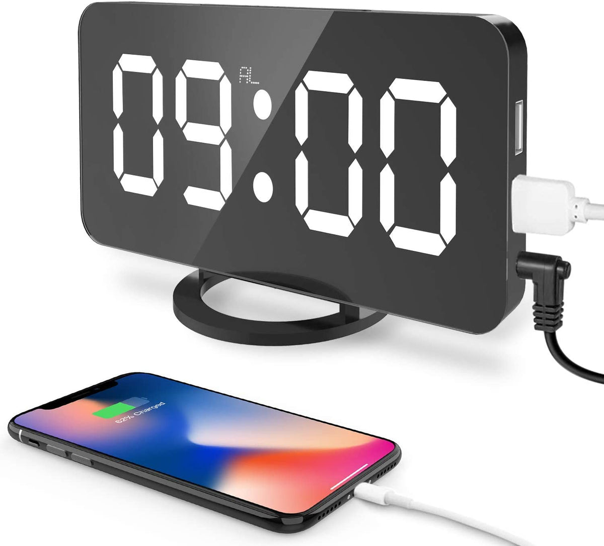 Large 6.5" Mirror LED Digital Alarm Clock with Dual USB Charging