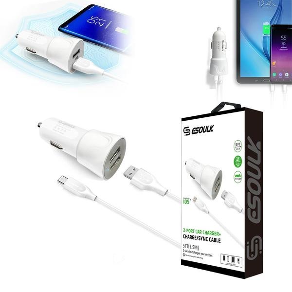 Dual USB Car Charger with 5ft USB-C Cable