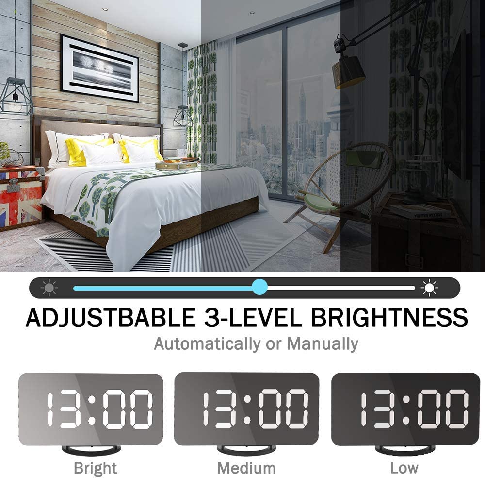 Large 6.5" Mirror LED Digital Alarm Clock with Dual USB Charging