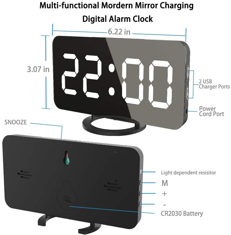 Large 6.5" Mirror LED Digital Alarm Clock with Dual USB Charging